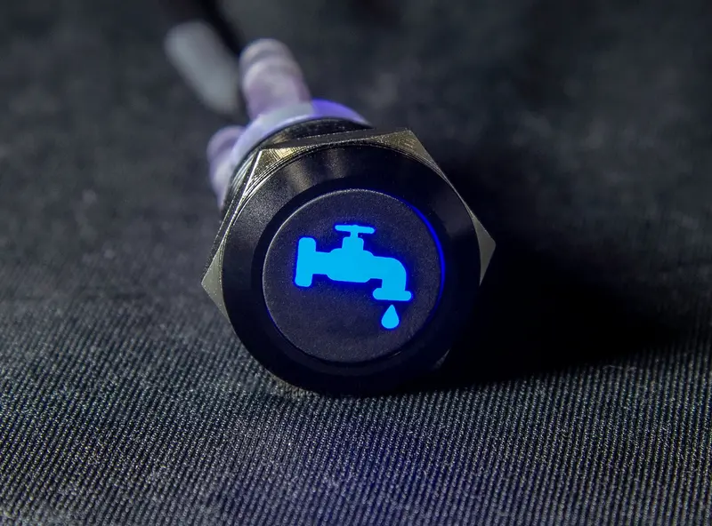 19Mm Illuminated Latching Push Button Switch – Blue Led With 12V Pump Logo 1