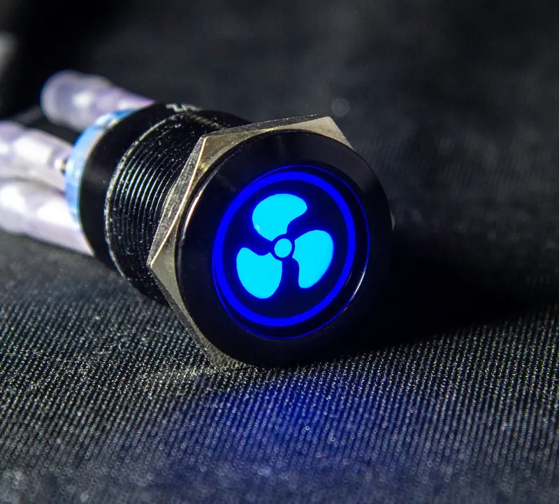 19Mm Latching Push Button Switch With 12V Illuminated Fan Logo Led – Blue 1
