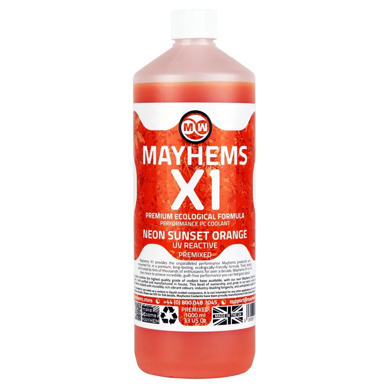 Mayhems X1 Uv-Glow Pc Coolant – Neon Sunset Orange, 1L Eco-Friendly Premix 1