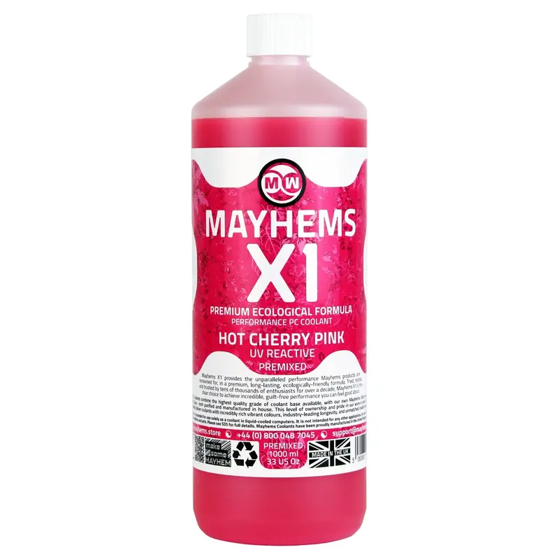 Mayhems X1 Uv-Responsive Pc Coolant – Hot Cherry Pink, 1L Eco-Friendly Premix 1