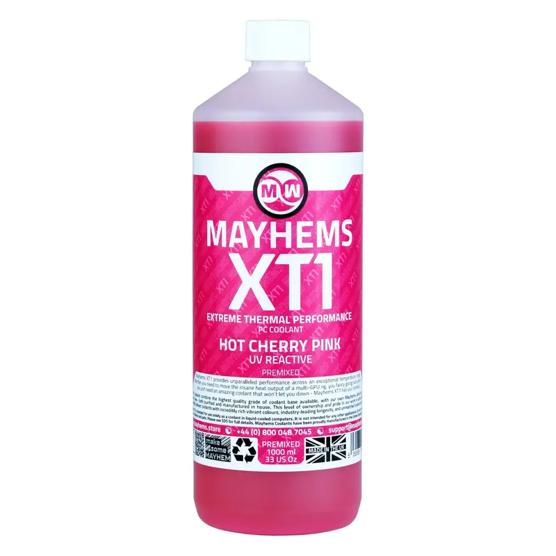 Mayhems Xt1 Premixed Pc Coolant – Hot Cherry Pink, Uv-Fluorescent, 1L Thermal Performance Formula 1