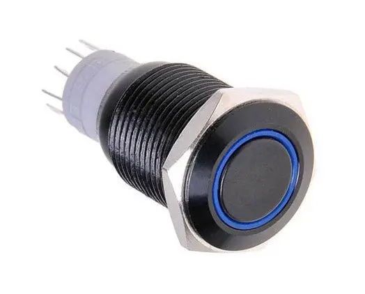 Vandal-Proof Illuminated Latching Switch – Black Housing, 18/16Mm, Blue Indicator Ring 1