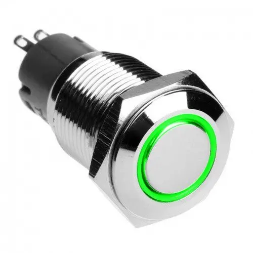 Vandal-Proof Illuminated Latching Switch – Silver Housing, 18/16Mm, Green Indicator Ring 1