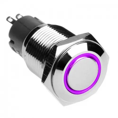 Vandal-Proof Illuminated Latching Switch – Silver Housing, 18/16Mm, Purple Indicator Ring 1