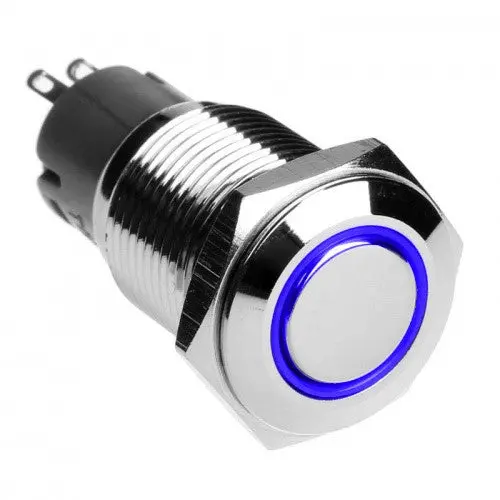 Vandal-Proof Illuminated Momentary Push Button – Silver Housing, 18/16Mm Mount, Blue Ring Led 1
