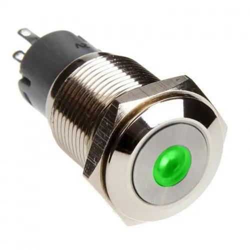 Vandal-Proof Illuminated Momentary Push Button – Silver Housing, 18/16Mm Mount, Green Dot Led 1