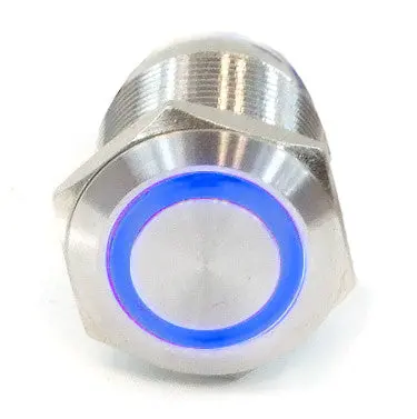 Vandal-Resistant Illuminated Momentary Switch – Silver Housing, 22/19Mm, Blue Ring Indicator 1