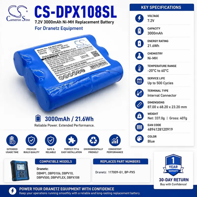 Cameron Sino Cs-Dpx108Sl Replacement – 7.2V 3000Mah Ni-Mh For Dranetz Dbpv500/Dbpx108 1