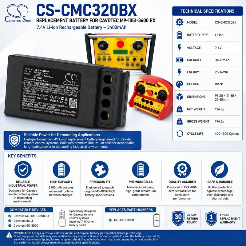 Cavotec Crane Remote Battery – 7.4V, 3400Mah Li-Ion (25.16Wh) For M9-1051-3600 Ex, Mc-3, Mc-3000 1