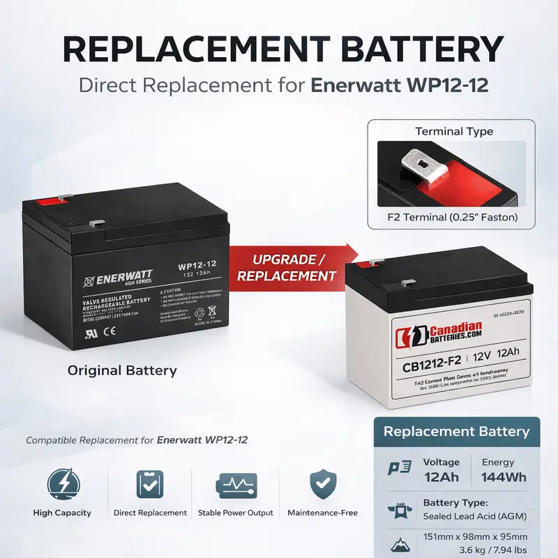 Enerwatt Wp12-12 Drop-In Replacement: 12V, 12Ah Sla Battery With F2 Terminals 1