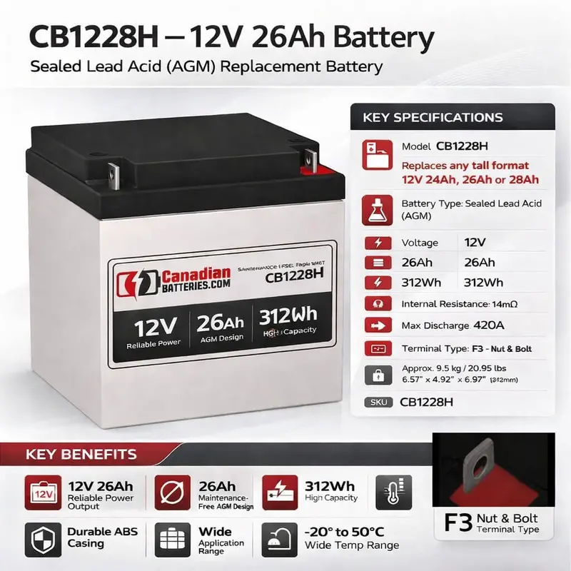Mk Es26-12Fr Hr Replacement Battery – 12V 26Ah Sealed Lead-Acid With F3 Nut-And-Bolt Terminals 1